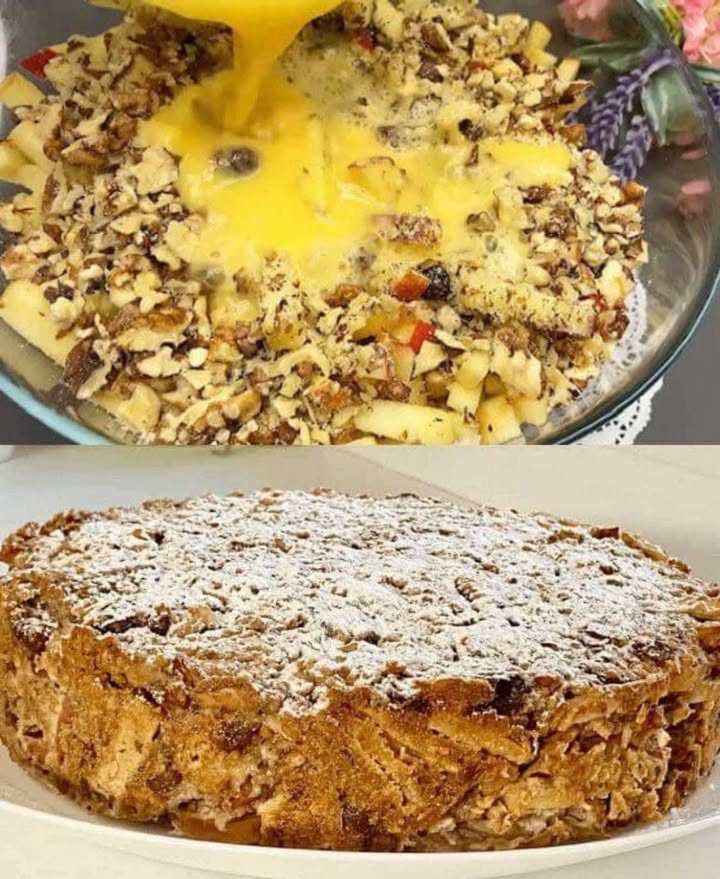 PLĂCINTĂ CU MERE: Fără zahăr, fără făină, doar amestecați ingredientele și imediat puneți la copt – vă va încânta viteza și gustul.