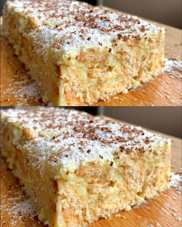 PRĂJITURĂ CREMOASĂ CU COCOS ȘI BISCUIȚI ÎN 15 MINUTE Întotdeauna când nu am timp, pregătesc acest desert extrem de gustos…
