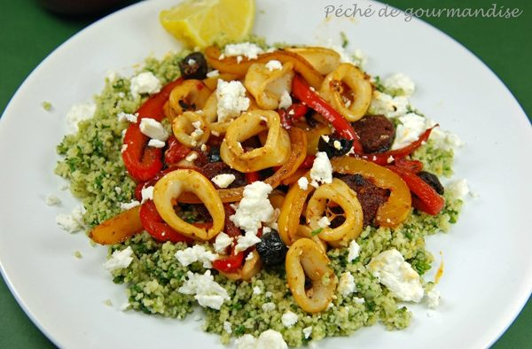 Calamari și chorizo, couscous grec, după Jamie Oliver