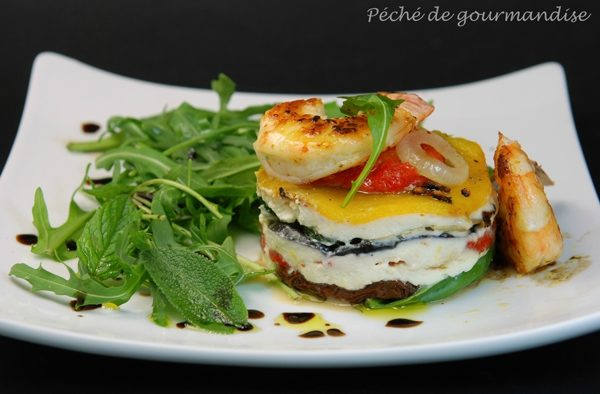 Légumes confits au mascarpone pressé et basilic et crevettes selon Frédéric Jombart